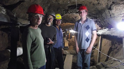 Andres Mejia-Ramon ’16, with Dartmouth professors Deborah Nichols and John Watanabe; and Peruvian archaeologist Adán Umire Alvarez, explores a tunnel beneath the Pyramid of the Feathered Serpent at Teotihuacan.