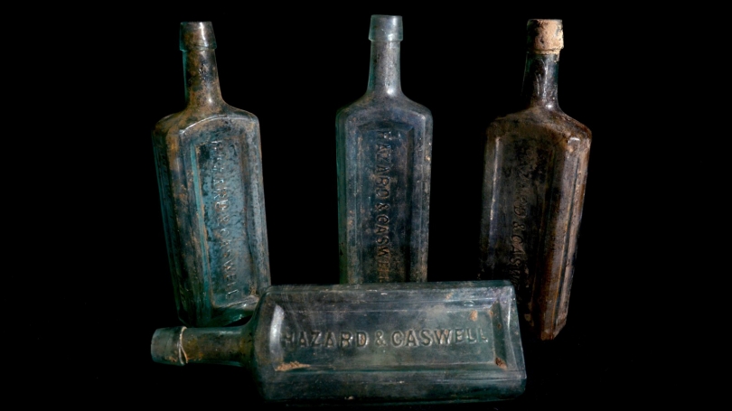 Hazard & Caswell bottles from an apothecary in Newport, R.I. were one of the artifacts found in the privy.