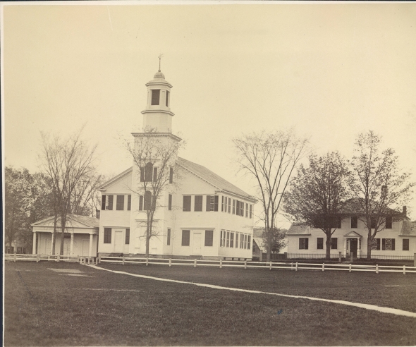 A photograph likely from the 1860s shows the Dartmouth Congressionalist Church and vestry, and the adjacent Ripley/Choate House to the right.